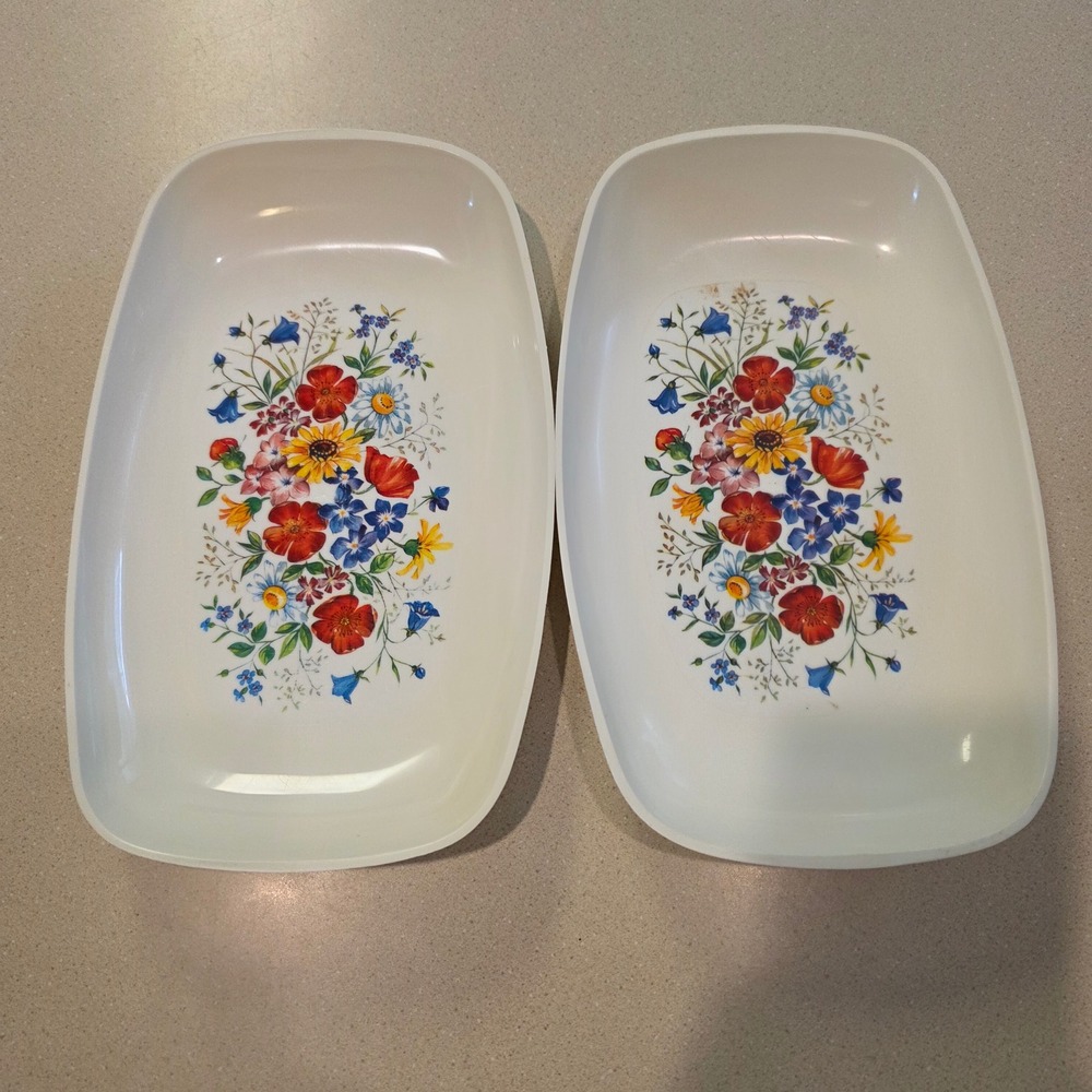 Emsa Plastic Serving Trays, Set of 2, 11.75" White Floral, West Germany, Vintage